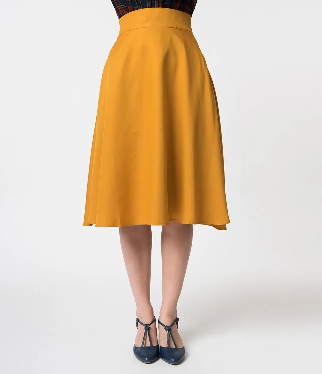 Unique Vintage Retro Style Mustard Yellow High Waist Vivien Swing Skirt