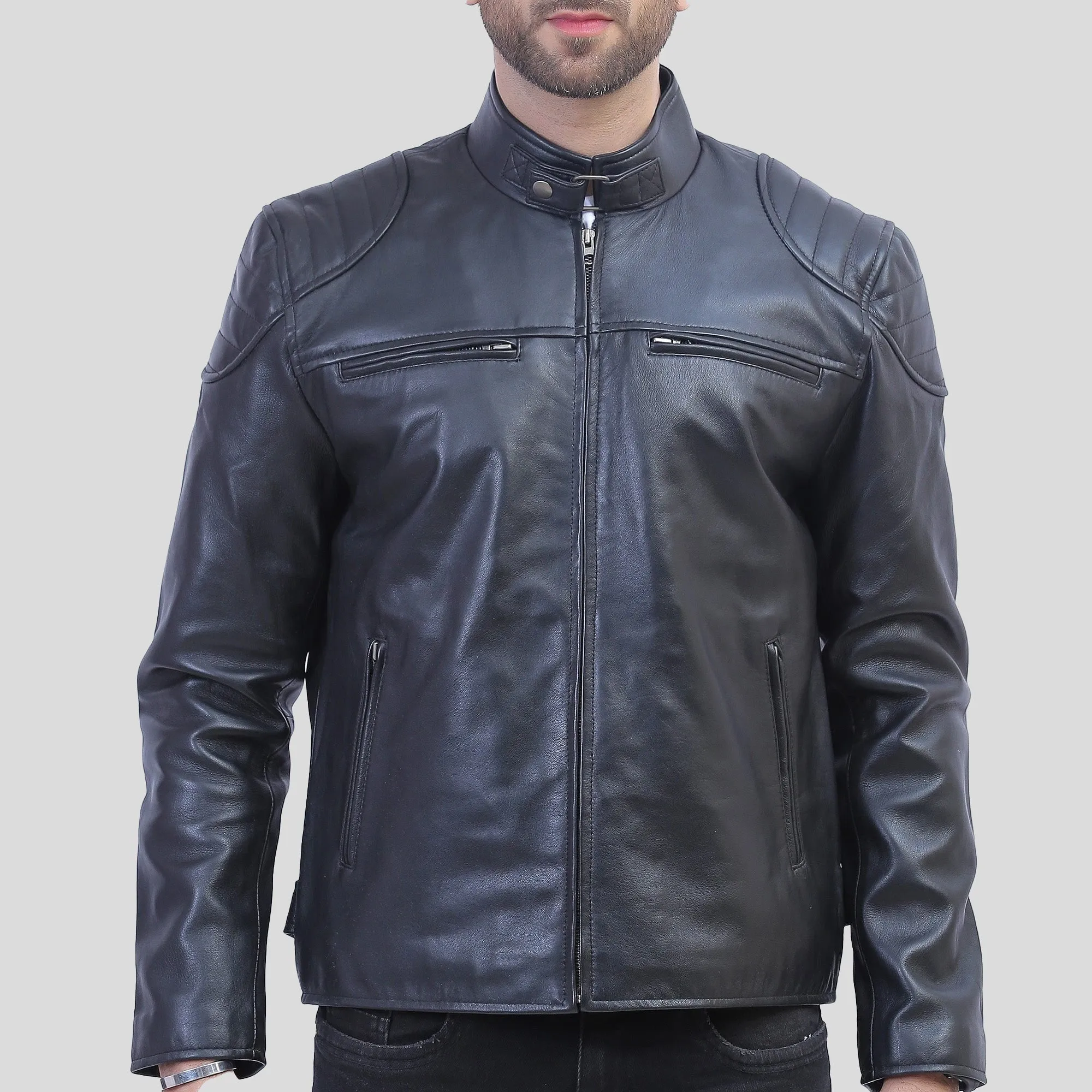 Vermont Black Leather Cafe Racer Jacket