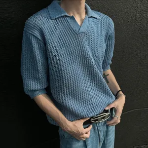 Wiaofellas  -  Summer Men's Clothing Light Luxury Korean Popular Hollow Out Polo Shirt Leisure V Neck Short Sleeve Solid Color Retro Knitwear