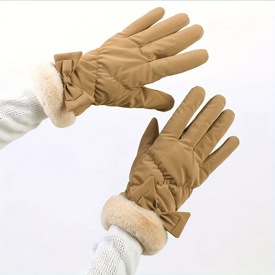 Women's Bow Decor Plush Winter Gloves, Windproof Thick Warm Gloves For Cycling Skiing Driving