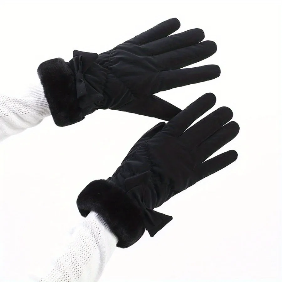 Women's Bow Decor Plush Winter Gloves, Windproof Thick Warm Gloves For Cycling Skiing Driving